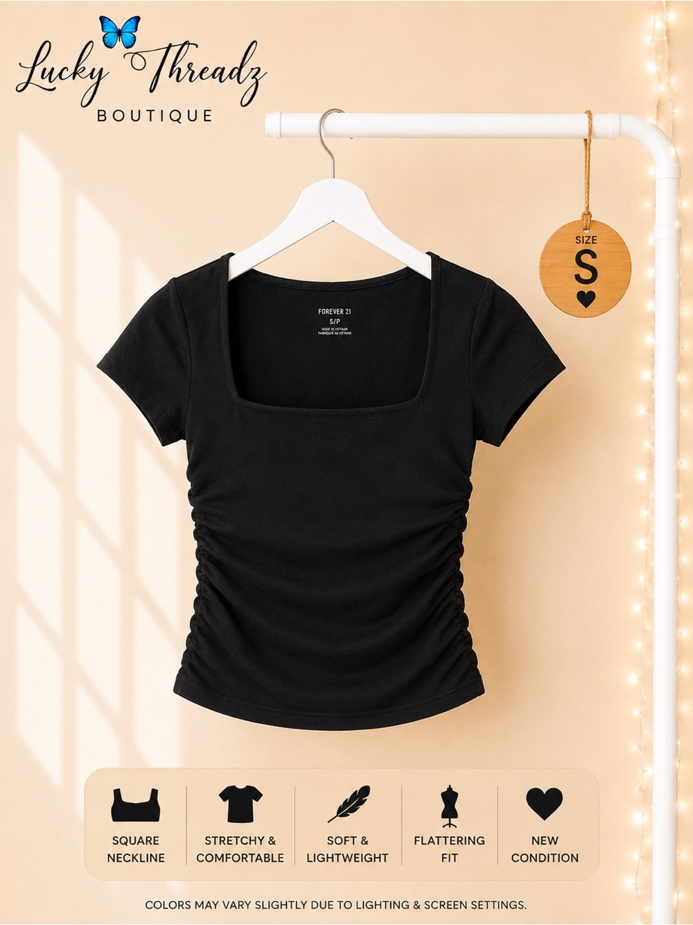 Forever 21 Black Ruched Square Neck Short Sleeve Top – Size Small